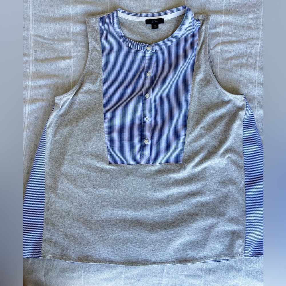 J. Crew Grey sleeveless top with Blue & White Striped Trim